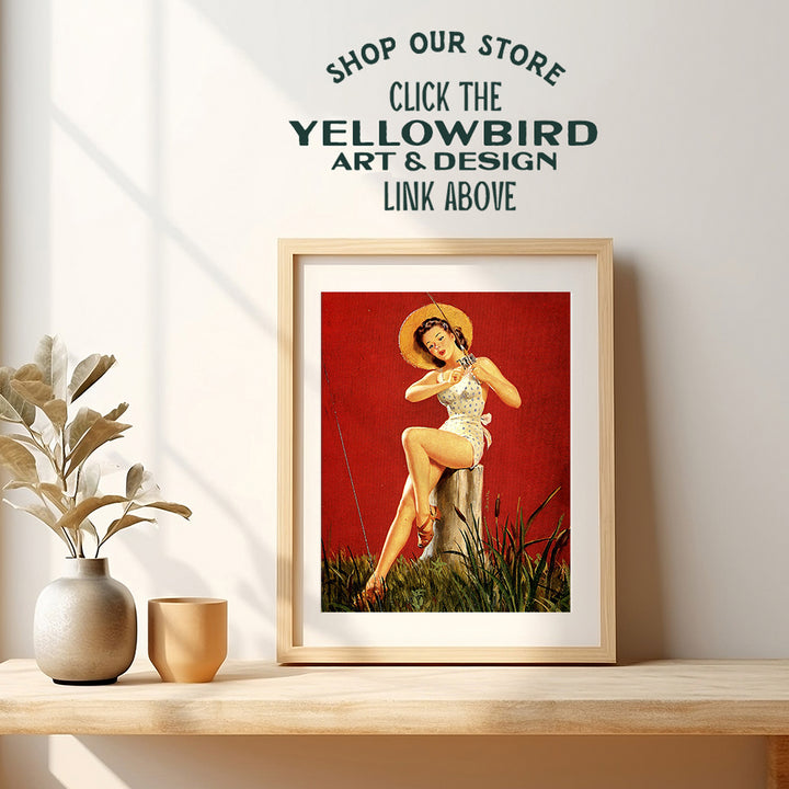 Pinup Girl - Fish Wall Art Poster - Fishing Fisherman Gifts for Men - Vintage Lake House Decorations - Funny Retro Freshwater, Saltwater, Fly Fishing - Beach House, Living Room, Bedroom Home Decor