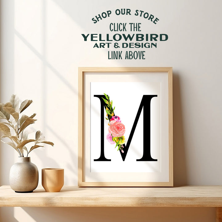 Letter M Initial Monogram Wall Decor - Floral Alphabet Art Home Decoration for Bedroom, Living Room, Bathroom, Office - Personalized Monogrammed Gift for Women, Girls, Teens - Pink Roses Sign