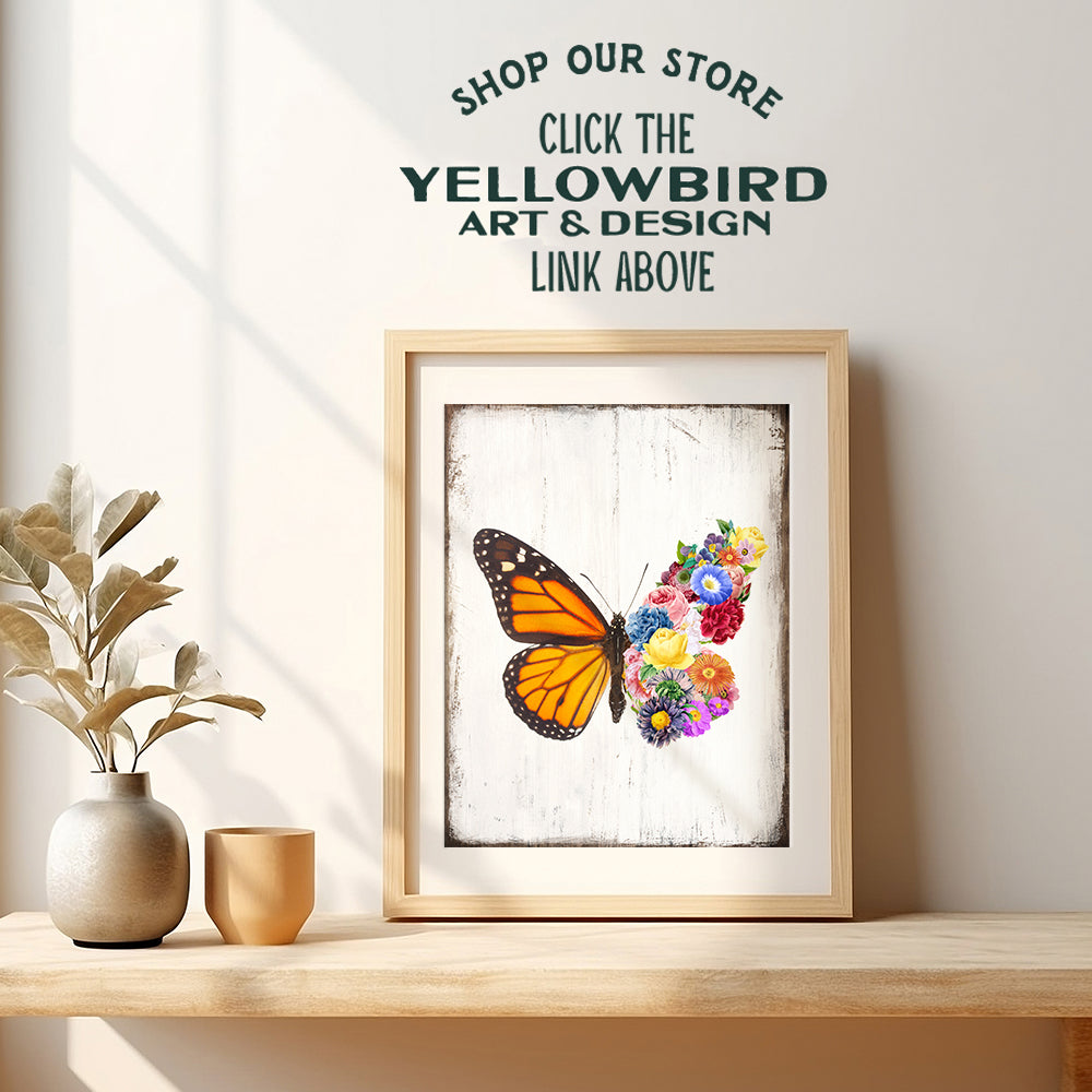 Butterfly Art Print - Boho, Bohemian Sign Plaque - Rustic Farmhouse Floral Wall Art Poster Print - Shabby Chic Home Decor Picture for Bedroom, Bathroom, Living Room - Gift for Women, Girls - Unframed