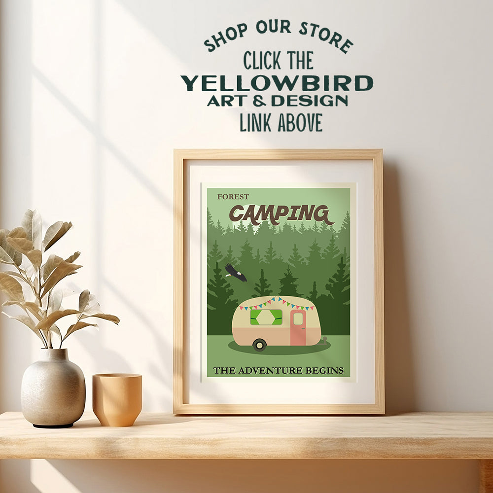 Retro Vintage Lake House Decor - Forest Wall Decor - Adirondack Wall Art - Boys Bedroom Decor, Kids Room Decor - Summer Home Decor - Olive Green Wall Decor - Yellowbird Art & Design Camping Wall Art