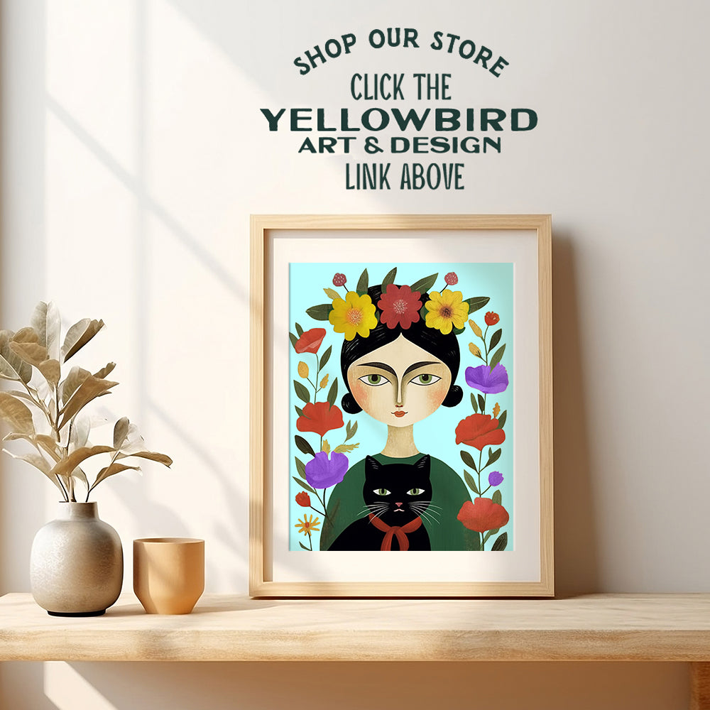 Cat Decor Frida Mexican Decor - Frida Poster 8x10 - Black cat Wall Art - Mexican Folk Art - Cute Cat Wall Decor - Mexicans Art - Cat Gifts for Women - Cat Mom, Cat Themed Gifts - Cat Lover Gifts