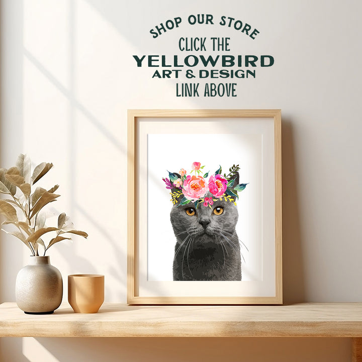 Gray Cat Wall Decor - Cat Lover Gifts for Women - Adorable Floral Kitten, Kitty Wall Art Poster - Cute Girly Room Decoration for Girls Bedroom, Kids Room, Living Room, Baby Nursery - Grey Cat