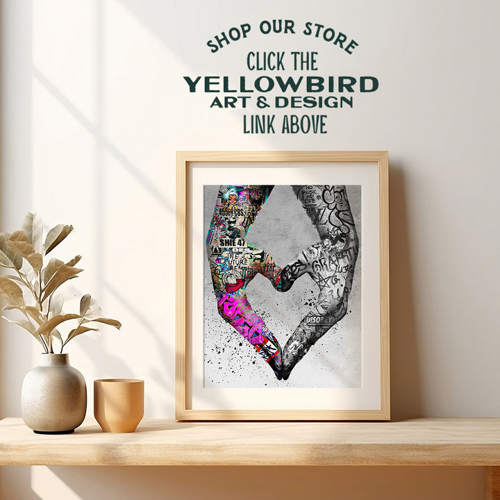 Hand heart Love Wall Art - Graffiti Wall Art - Banksy Wall Art & Decor - Heart Decor - Bedroom Wall Decor Living room Aesthetic - Urban Home Decor for Women - Wedding Gifts - Anniversary Gifts