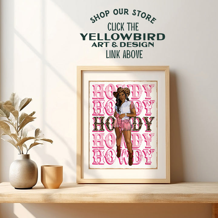 Black women Cowgirl Wall Art - Preppy Pink Room Decor for Black Girl, Teens - Country Rustic Western Wall Decor for Women - Trendy Howdy Sign for African Americans - Black Art Aesthetic Room Decor