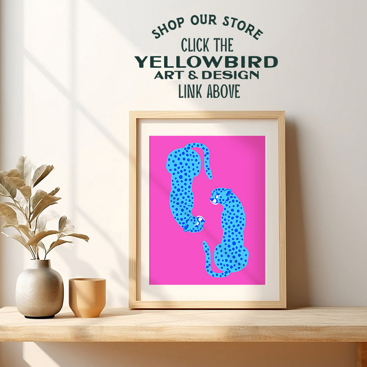 Mid-century Modern Aesthetic Cheetah print Wall Art - Minimalist Wall Art - Pink Blue Indie Preppy Room Decor Poster - Living room Bedroom Decor for Women Woman - Leopard Wall Art & Decor - UNFRAMED