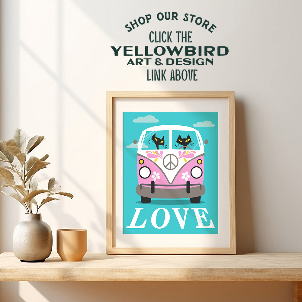 Hippie decoration Cat Wall Art - Boho-chic Cat Lover Wall Decor - Retro style Love Wall Decor - Mid-century modern 60s 70s Wall Decor Couples Gift - VW Bus Wall Art Hippy Room Decor - UNFRAMED 8X10