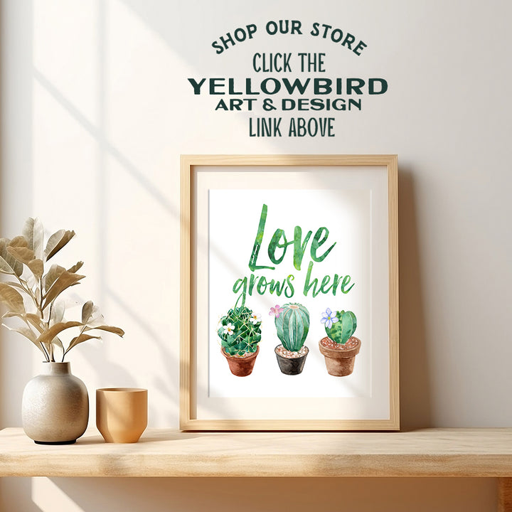 Love Grows Here Sign - Cactus Wall Art - Desert Decor - Cactus Wall Decor - Boho Decor for Bedroom, Living Room, Office, Bathroom - Saguaro Cactus Decor - Sonoran Desert Wall Art - Cactus Blossom