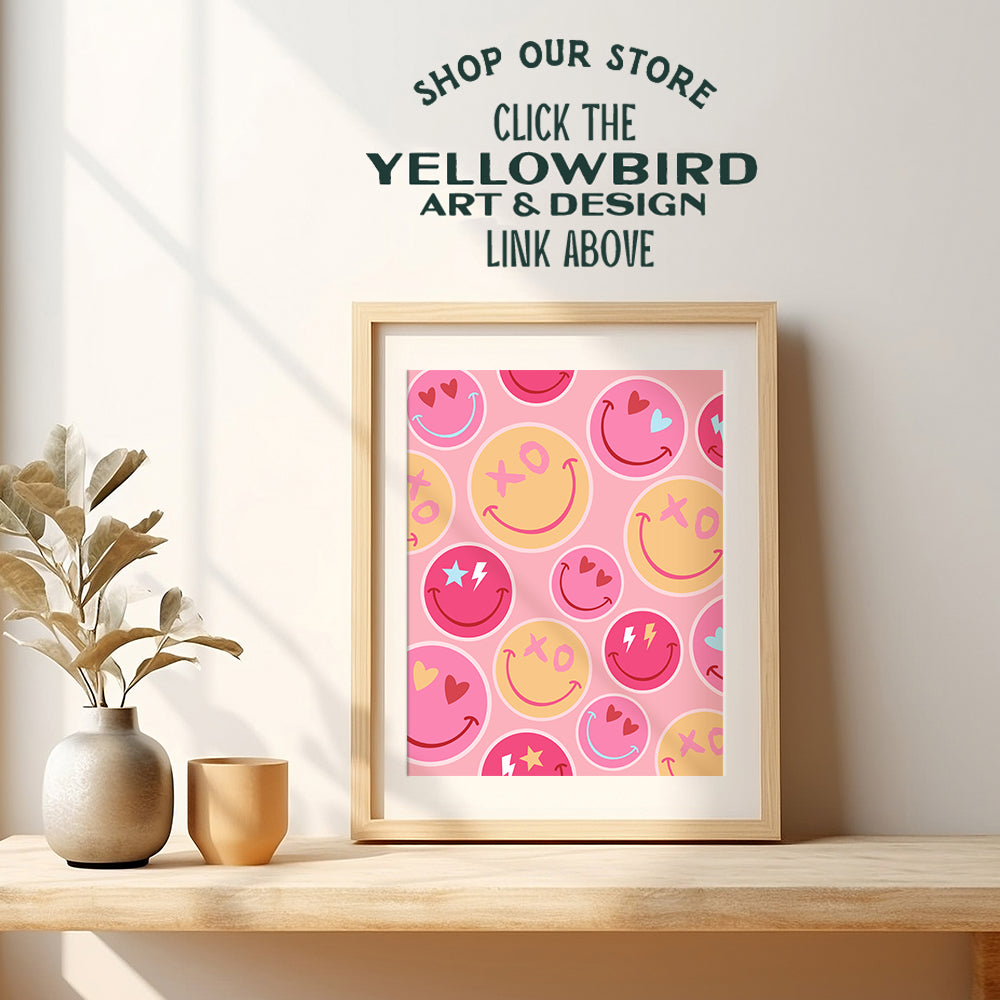 Smiley Face Wall Art Poster 8x10 - Yellowbird Art & Design Pink Yellow Retro Smile Preppy Wall Art & Decor - Contemporary art Aesthetic Indie Trippy Home Decor print - Girls Bedroom Decor UNFRAMED