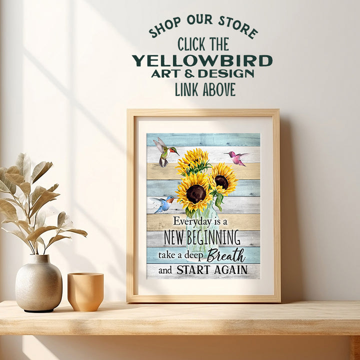 Inspirational Wall Art & Decor - New Beginnings Hummingbirds Sunflowers Rustic Boho Family Wall Art - Inspiration Saying Quotation - Positive Quotes Wall Decor - Encouragement Gifts for Women Woman