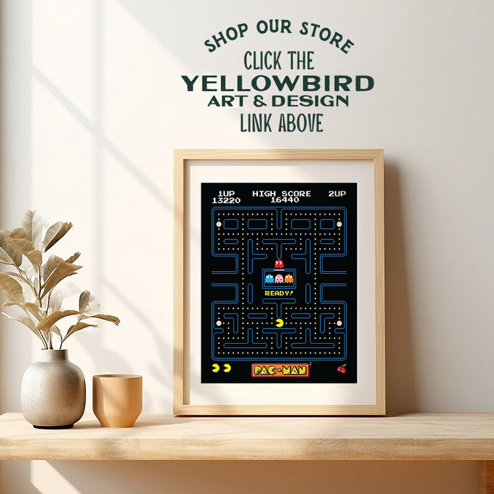 Pacman Arcade Game Poster - 8x10 Pac Man Wall Decor - Cool Unique Gift for Boys, Men, Gamer, Video Game, Arcade Games, Xbox, Nintendo, Gaming Fan - Game Room Decor