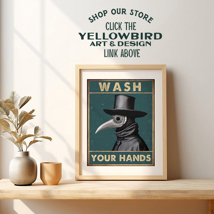 Bathroom Sign Plague Doctor Decor - Wash Your Hands Gothic art funny Sayings, Quotes - Crow Raven Creepy Bathroom Decor Wall Art - Medieval Powder room Restroom Sign - Witchcraft Supplies, Pagan Gifts