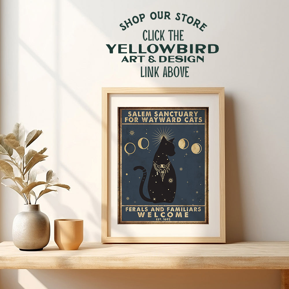 Yellowbird Art & Design Black cat Wall Art - Salem Sanctuary for Wayward Cats - Witchy Room Decor, Gifts - Pagan Decor - Celestial Decor - Wiccan, Wicca, Witch, Goth, Halloween Poster 8x10 UNFRAMED