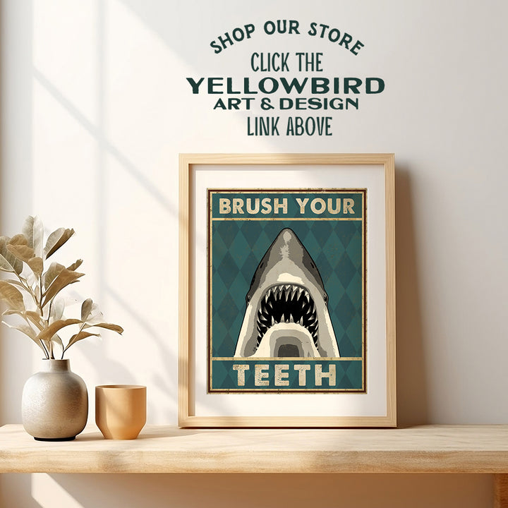 Boys Bathroom Wall Art & Decor - Brush Your Teeth Kids Bathroom Decor - Beach Bathroom Decor - Funny Shark Bathroom Decor - Bath Wall Decor - Unique Restroom Sign - Bathroom Pictures Poster Prints