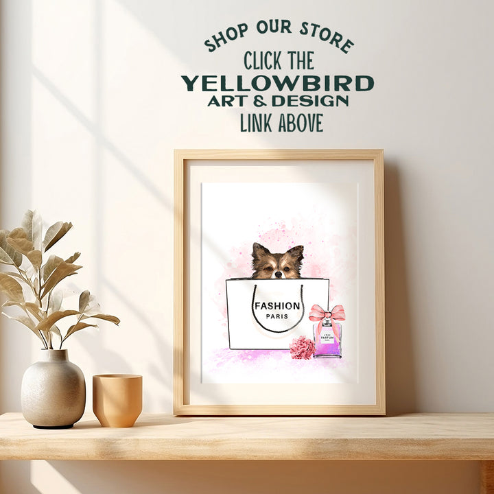 Yellowbird Art & Design Fashion designer Perfume Wall Art & Decor - Glam Dog Wall Decor - Fashion Design Home Decor print - Pink Bling decoration - Luxury Gift for Fashionista Woman Girl UNFRAMED