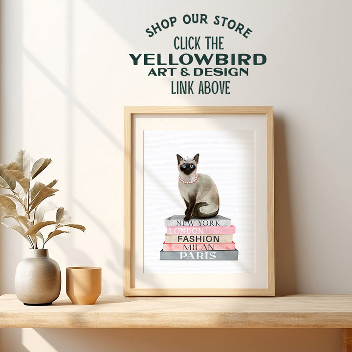 Fashion Design Cat Wall Decor - Poster of Book - Glam Siamese cat Wall Decor for Living room, Bedroom - Glamour Couture Cute Cat Gift for Woman, Girl - Designer Wall decoration