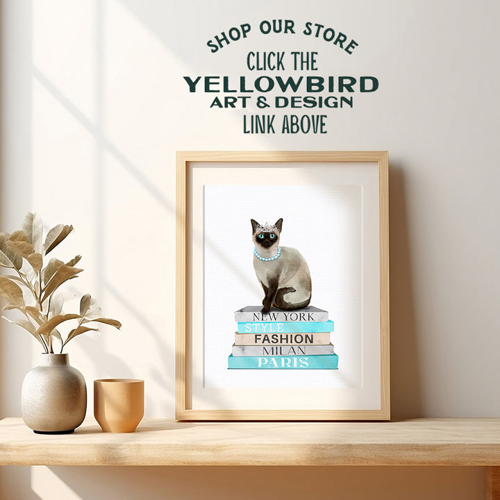 Blue Cat Wall Art & Decor - Poster of Glamour Haute couture Books - Glam Siamese cat Wall Decor for Living room, Bedroom - Cute Fashion Design Cat Gifts for Women, Girls - Designer Wall decoration