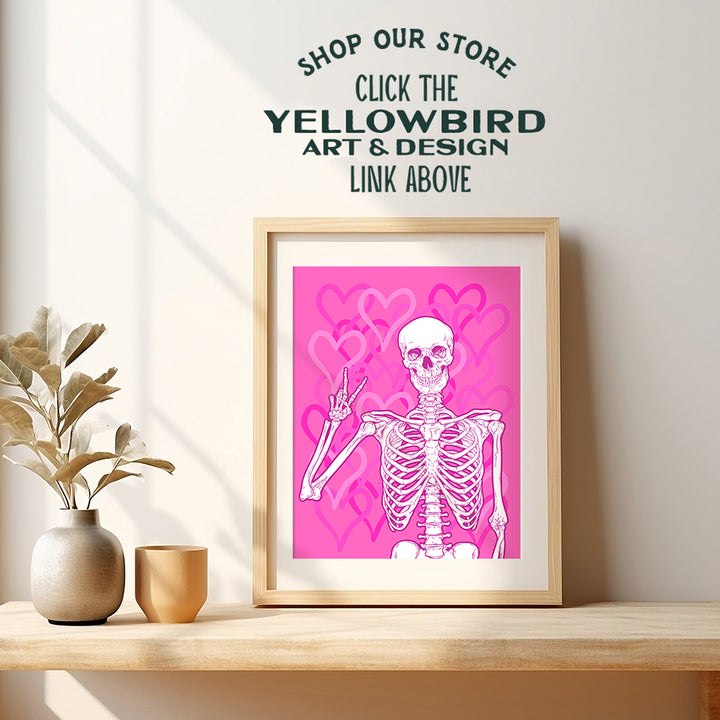 Cute Skeleton Wall Art - Preppy Room Decor Aesthetic - VSCO Pop art Room Decor - Pink Hearts Trendy Room Decor - Yellowbird Art & Design - Dorm Room Girls Bedroom peace sign Decor - Halloween Poster