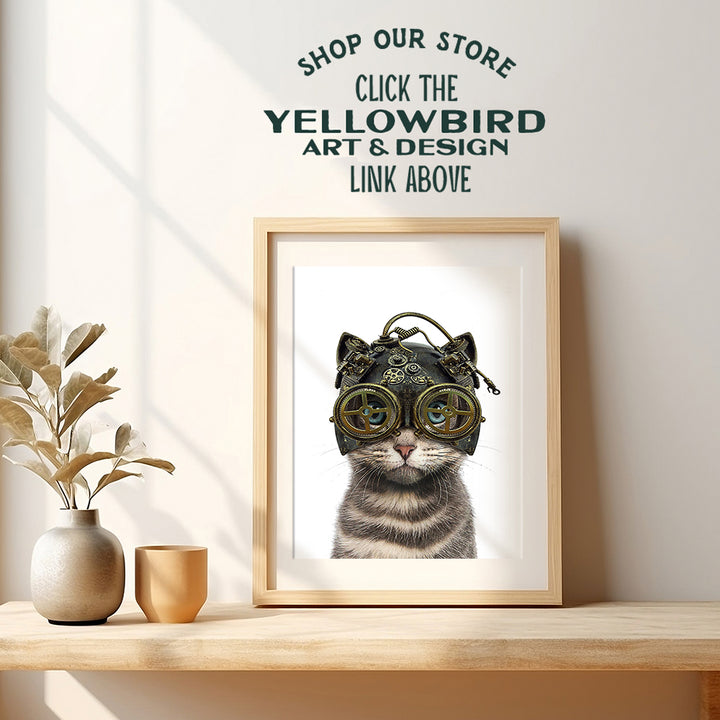 Gothic Steampunk Cat in Goggles, Gears - Cat Wall Art - Steampunk Decor - Gothic Home Decor - Cute Cat Lover Gifts for Kitty Kitten Pussycat Victorian Renaissance Fan - 8x10 Cat Poster Picture