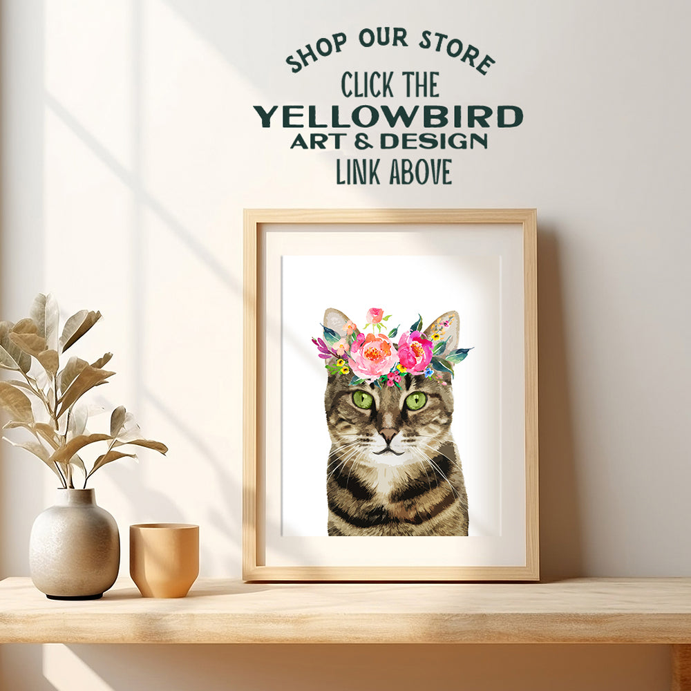 Tabby Cat Wall Art Decor - Kitten, Kitty, Cat Lover Gifts for Women - Cute Floral Wall Art Poster - Adorable Room Decoration for Girls Bedroom, Kids Room, Living Room, Baby Nursery