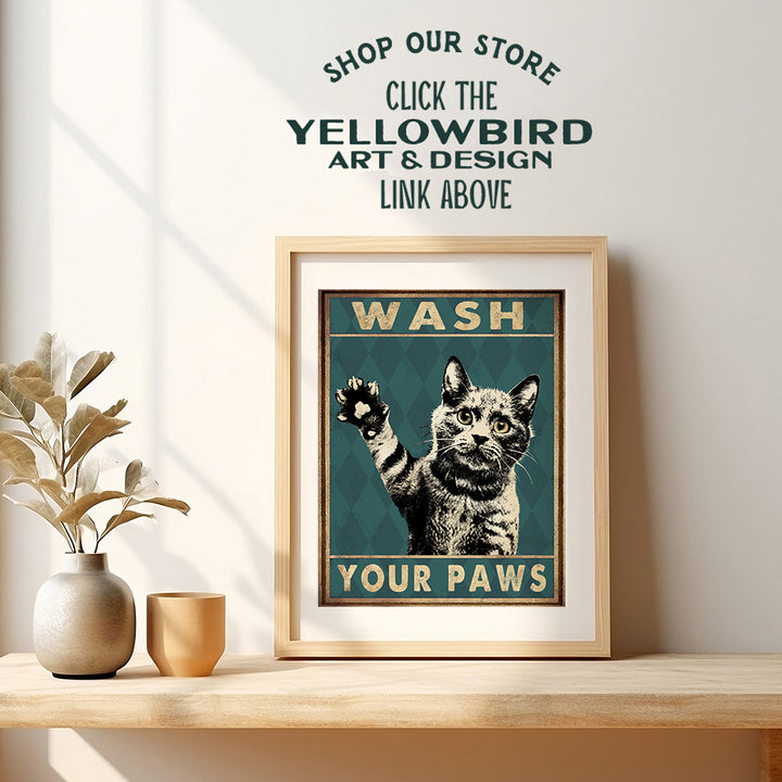 Funny Tabby Cat Bathroom Decor - Wash Your Hands Sign Bathroom Decor- Cat Wall Art - Bathroom Wall Art- Bath Wall Decor - Guest Bathroom - Restroom Sign Decorations - Powder Room - Cat Gifts for Women