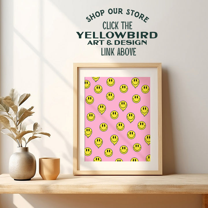 Indie Smiley Face Wall Art & Decor - Aesthetics Room Decor Poster - Yellowbird Art & Design Preppy Room Decor Retro decoration - Happy Home Decor - Pink Yellow Girl Bedroom Decor UNFRAMED 8x10