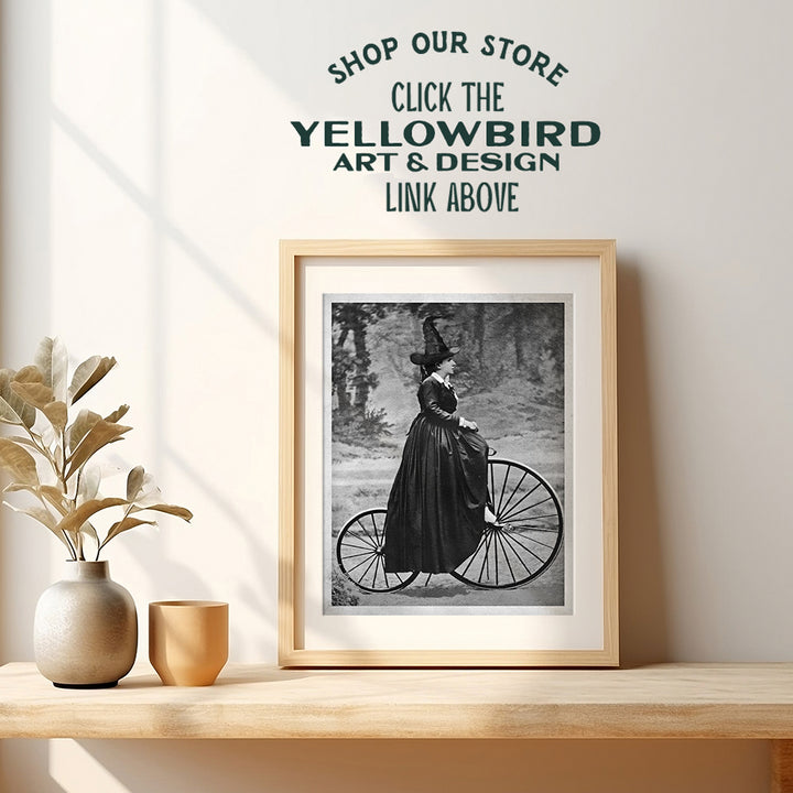 Vintage Witch Room Decor - Pagan Gifts - Wicca Wiccan Witchcraft Supplies Wall Art - Gothic Goth Home Decor - Black Magic Wall Decor - Witchy Room Decor - Witch on Bicycle Print -Halloween Decorations