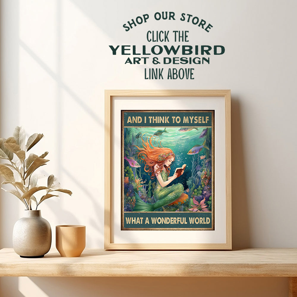 Mermaid Decor Wall Art for Girls - positive Quotes Wall Decor for Women, Teens - Ocean, Lake House, Beach, Coastal, Nautical Decor - And I Think to Myself What a Wonderful World - Inspirational quote