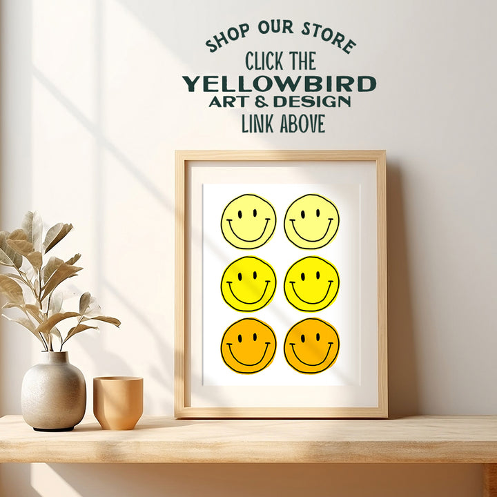 Retro style Smiley Face Art - Yellow Wall Decor - College Dorm Room Decor - Teen Kids Room Decor - Trendy Preppy Room Decor Aesthetic - Funky Wall Art - Cute Little Girls Bedroom Decor - Happy Decor