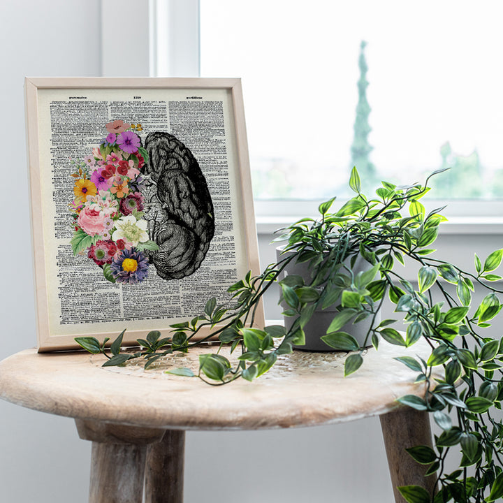 Vintage Flower Brain Dictionary Art - Human Anatomy Poster Home Decor - Shabby-chic Wall Art for Living Room, Bathroom, Womens Bedroom - Aesthetic Eclectic Indie Trendy Room Decor - UNFRAMED