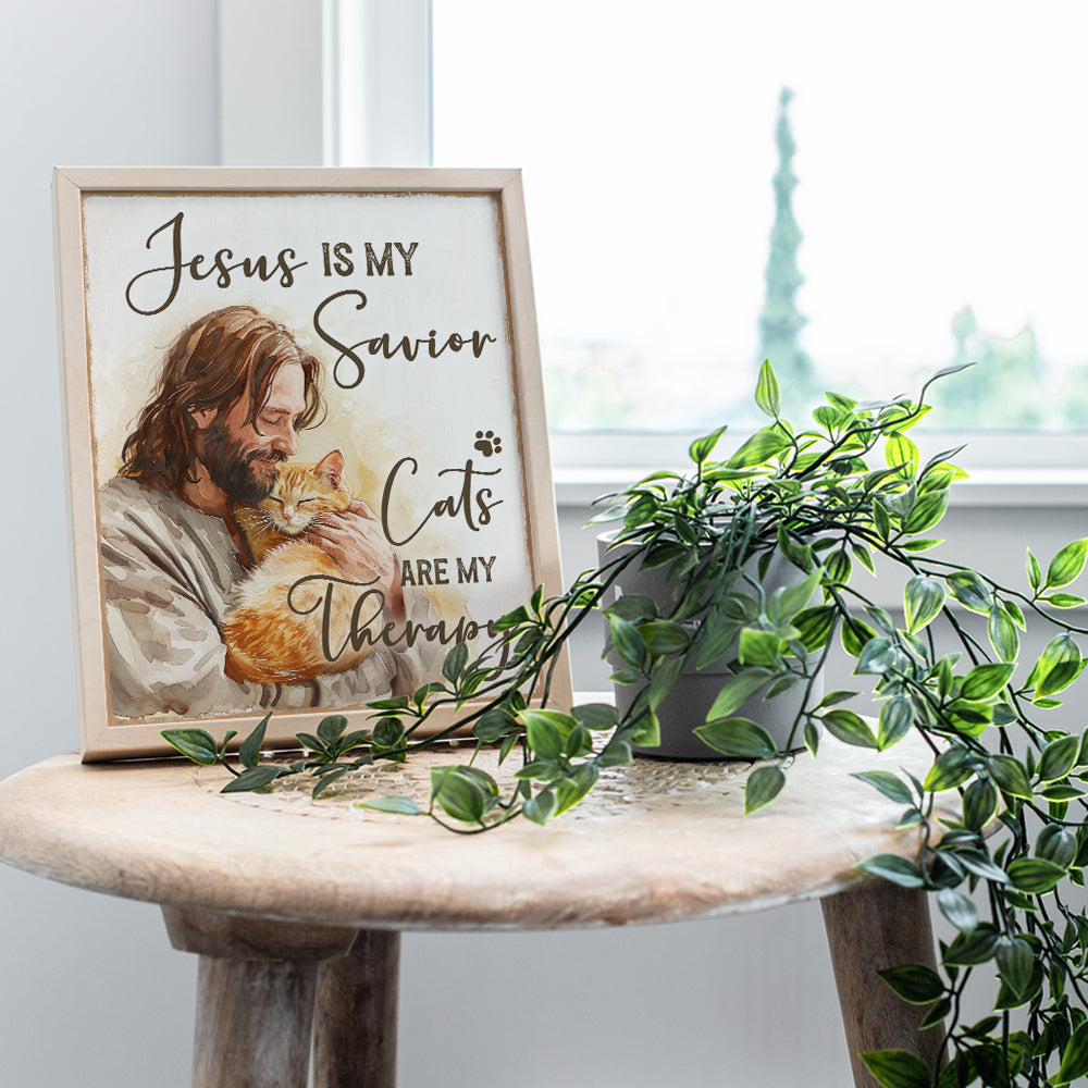 Jesus Christ Cat Wall Art & Decor - Cat Lover Cute Cat Christian Wall Decor - Christian Gifts for Girls, Cat Mom, Cat Dad - Religious Farmhouse Style spiritual Home Decor - Rustic funny Quotes Decor