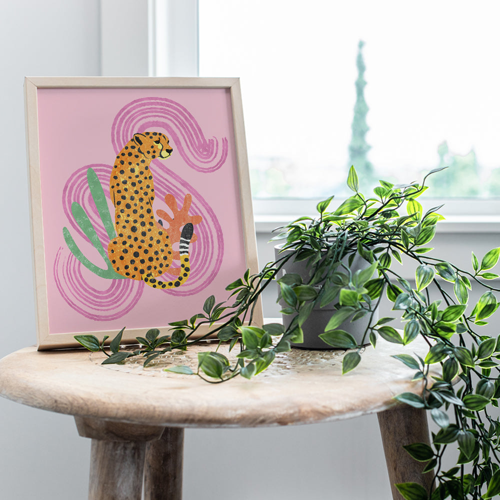 Mid Century Modern Abstract Cheetah - Pink Boho Wall Art - Minimalist Gallery Wall Decor - Aesthetic Room Decor - Bohemian Bedroom Decor - Living room Wall Collage - Geometric - Home Decor