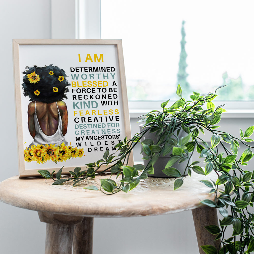 Black women positive Affirmations - Inspirational Quotes Wall Art Print - African American Art & Decor for Girls Room, Teen Bedroom - Motivational Sayings - Black Art - I Am Motivational poster