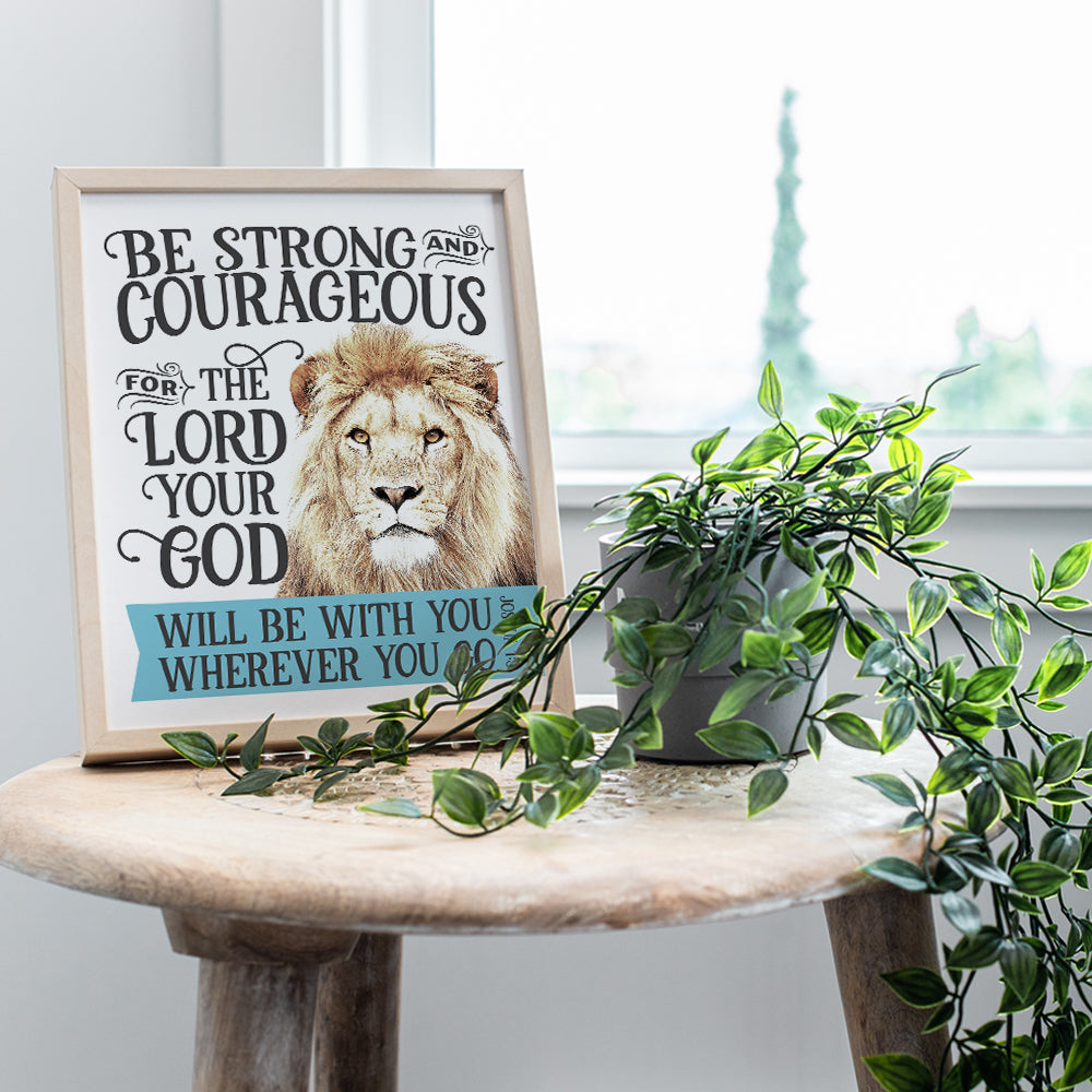 Bible Verse Christian Wall Decor - Lion Scripture Decor - Motivational, Sayings, Inspirational Quotes - Religious Art - Christian Wall Art for Men, Boys Bedroom, Teen Room - Joshua 1 9 God Decor