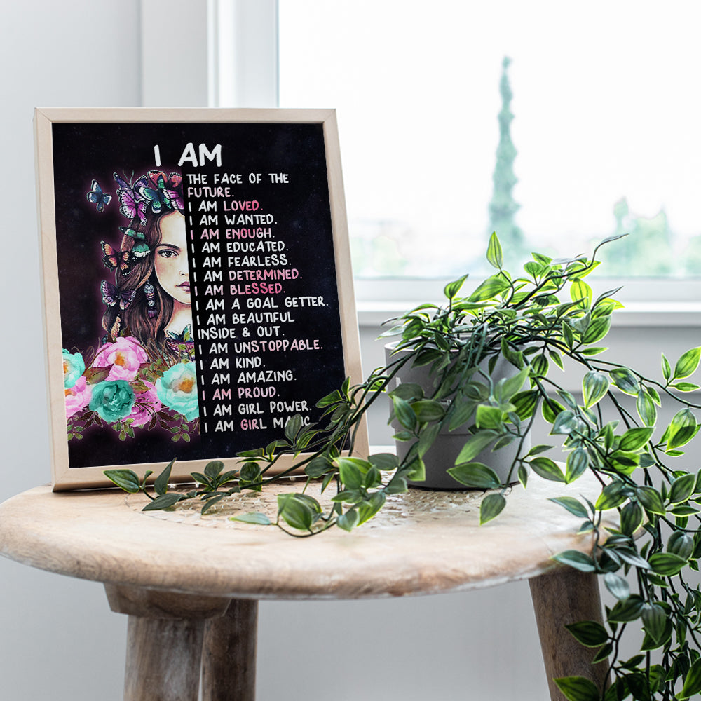 Tween Girl Inspirational Wall Art - I Am - Teen Girl Room Decor - Motivational poster for Little Girl Bedroom Decor - positive affirmation Wall Decor - Quotes for Girl Room Decor - Unframed