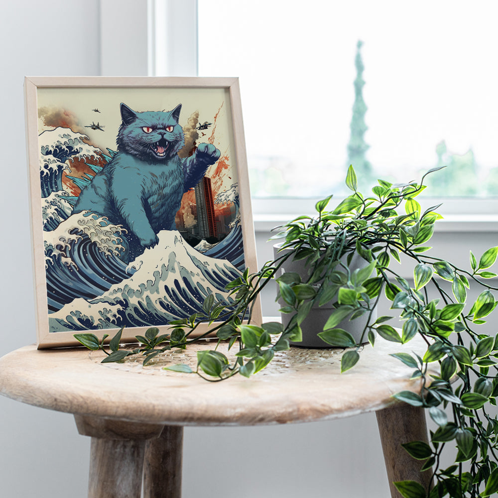 Funny Cat Wall Decor - Cat Dad & Cat Mom Gifts - Cat Themed Cute Cat Poster - Cat Wall Art Decor - Cat Gift for Cat Lovers - Retro Vintage Cat Decorations - The Great Wave off Kanagawa