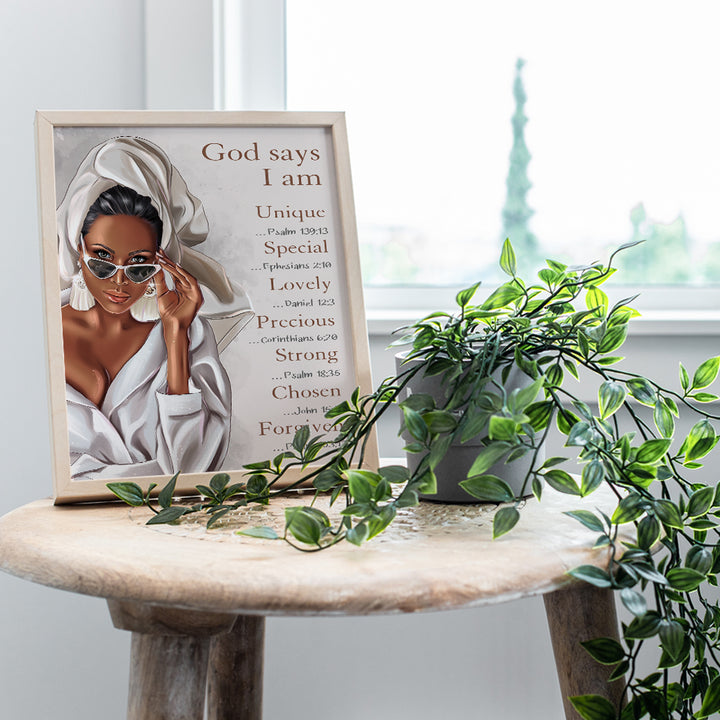 African American Women, Girls, Teens - Religious Black Art - God Says You Are - Chrisitan Scripture Encouragement Gifts - Motivational Designer Glam Bathroom Wall Decor - Inspirational Bible Verses