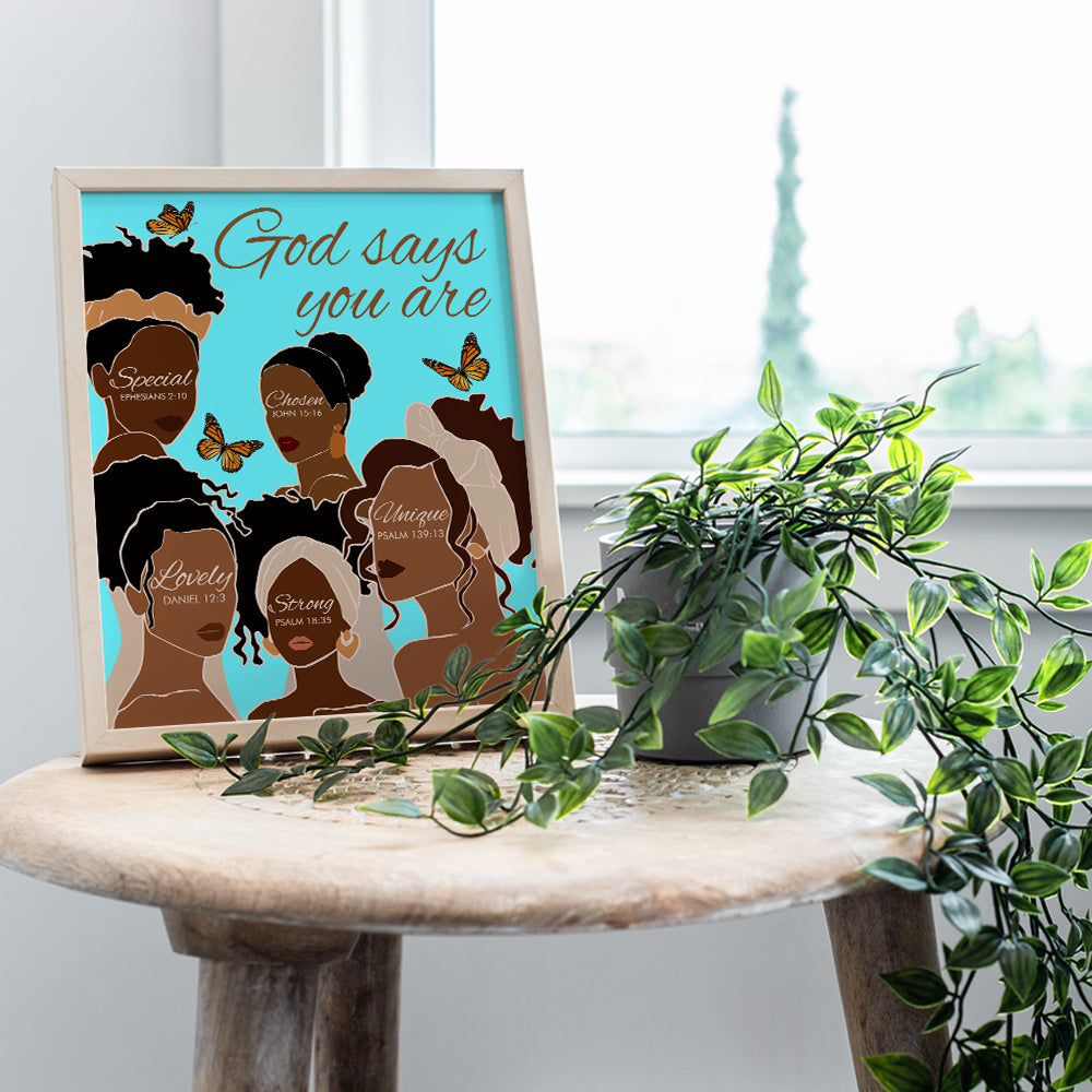 Black African American Women Wall Art & Decor - African American Girls - God Says You Are - Inspirational Christian Wall Decor- Spiritual Religious Gifts - Positive Quotes Bible Verses - Afro Wall Art