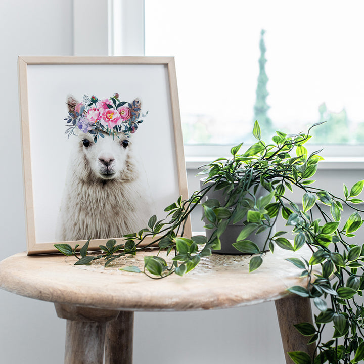 Baby Llama Wall Decor - Flower Crown Alpaca Wall Art Decoration for Girls Bedroom, Kids Room, Nursery - Cute Gift - Boho Shabby Chic Picture - 8x10 UNFRAMED Photo Poster