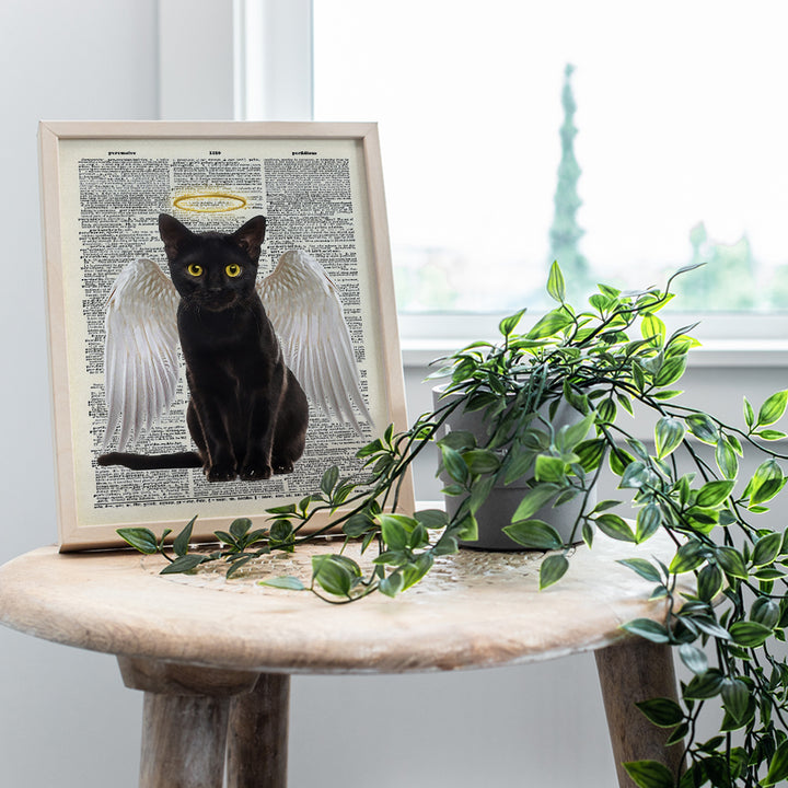 Black Cat Wall Decor - Angel Art Print - 8x10 Dictionary Wall Decoration - Cat Wall Art Home Decor Poster - Gift for Veterinarian Office, Clinic, Kitty, Kitten or Cat Lover - Angelic Picture, Photo