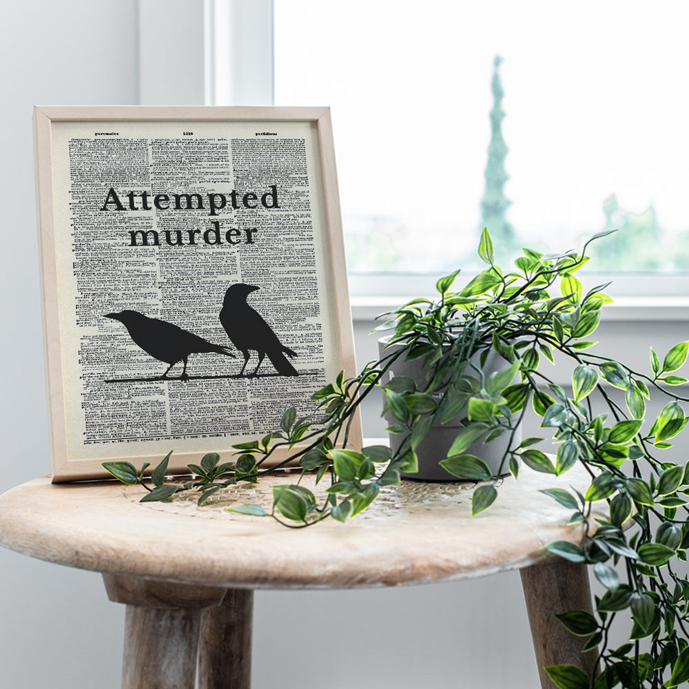 Crow Raven Dictionary Art Print - True Crime Gifts - Unique Funny Home Decoration Poster, Wall Decor - Ornithology, Attempted Murder Mystery, Bird Watching, Birdwatching, Writer, Author, Men, Women