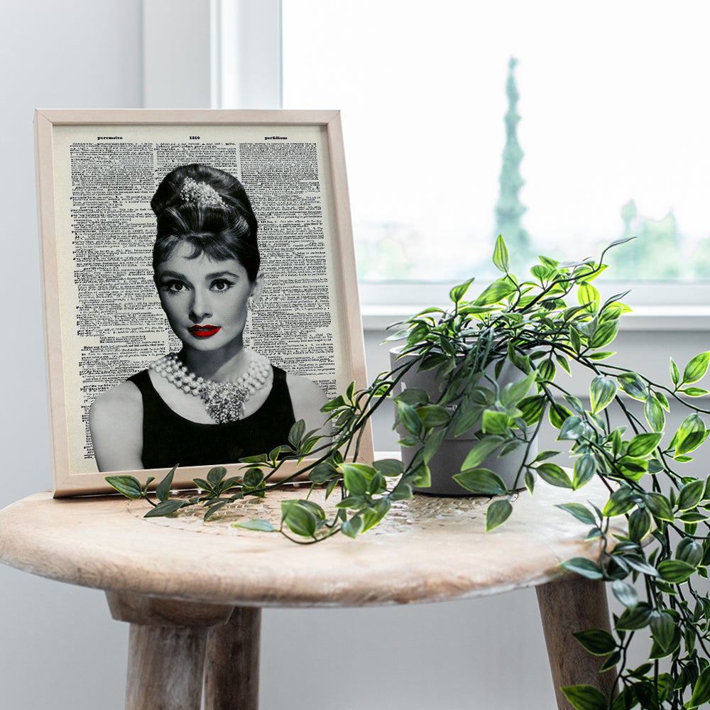 Audrey Hepburn Upcycled Dictionary Wall Art Print - Vintage 8x10 Unframed Photo - Perfect Easy Gift - Chic Home Decor - Red Lips