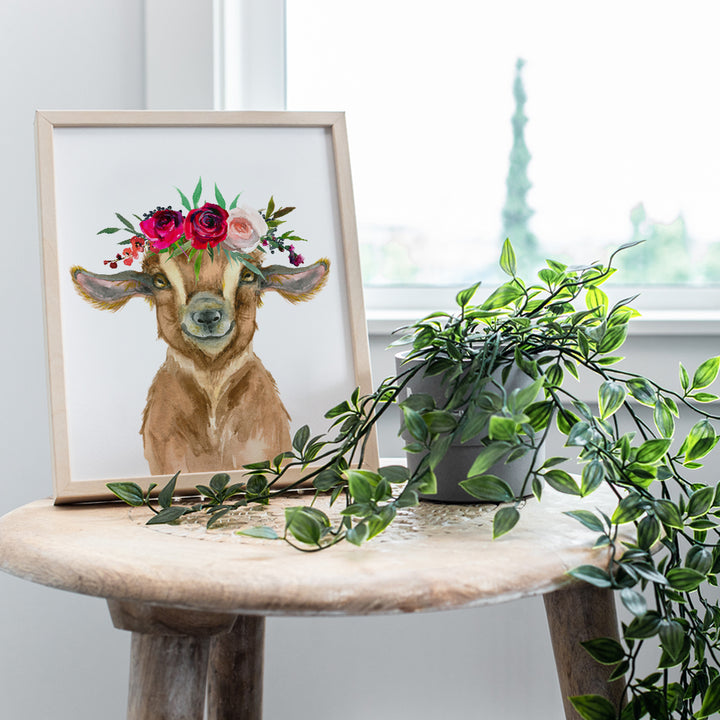 Cute Baby Goat w/Flower Crown Wall Art Home Decor - Decoration for Girls or Boys Bedroom, Nursery, Kids Room, Playroom, Preschool, Daycare - Farmhouse, Farm Theme Gift - Baby Animals Picture Print