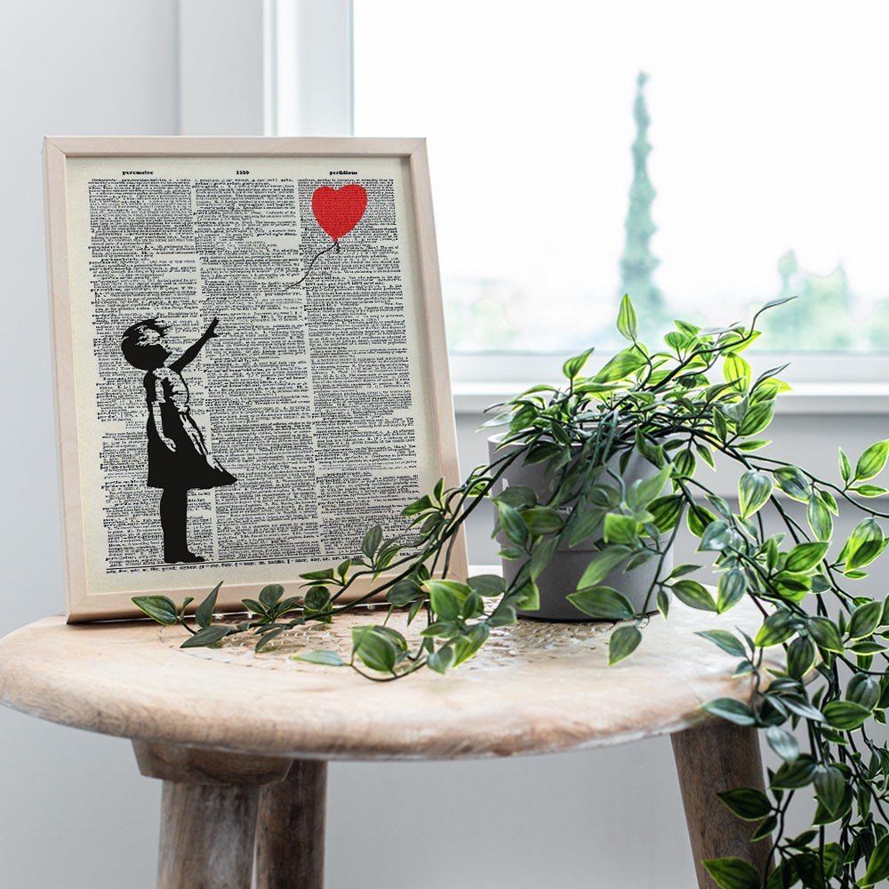 Banksy Wall Art - Upcycled Dictionary Graffiti Art Print, Girl With Balloon 8x10 Street Art Poster, Home Decor - Urban Wall Art Print and Room Decorations - Makes a Great Gift - 8x10 Photo Unframed