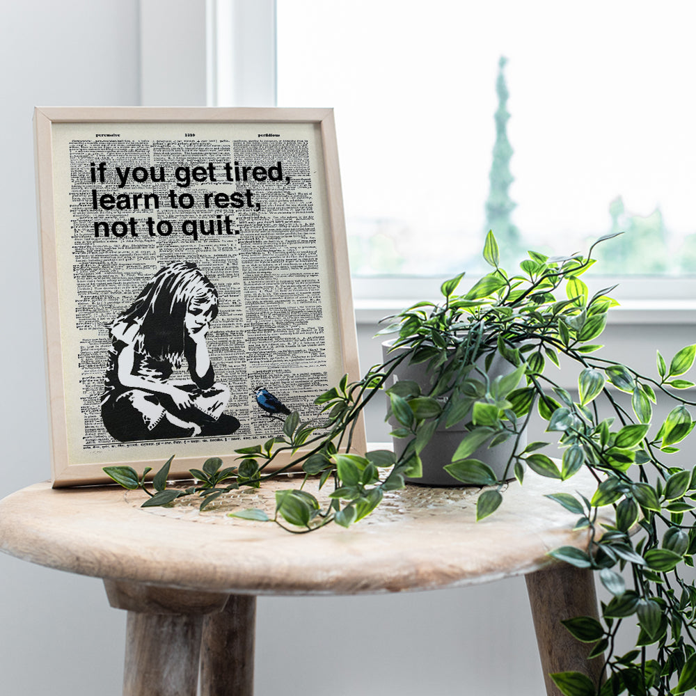 Banksy Rest Don't Quit - Unframed Dictionary Wall Art Print - Makes a Great Gift for Home Decor, Living Room, Bedroom - Ready to Frame (8X10) Vintage Photo - Girl with Bird