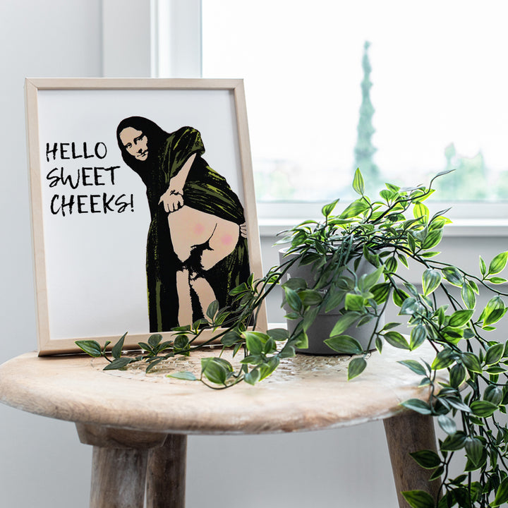 Banksy Mona Lisa Funny Bathroom Wall Art Print - 8x10 Graffiti Poster - Unique Contemporary Modern Home Decor for Bath, Bedroom - Great Gift - Unframed Photo - Hello Sweet Cheeks