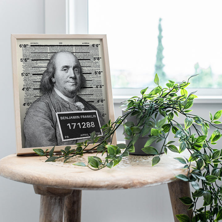 funny Ben Franklin Mugshot Poster - Dictionary Art for Home Office, Bedroom - Motivational Wall Art for Entrepreneur, Men, Women, Teens, Boys - Mugshot Signs - Yellowbird Art & Design funny Wall Decor