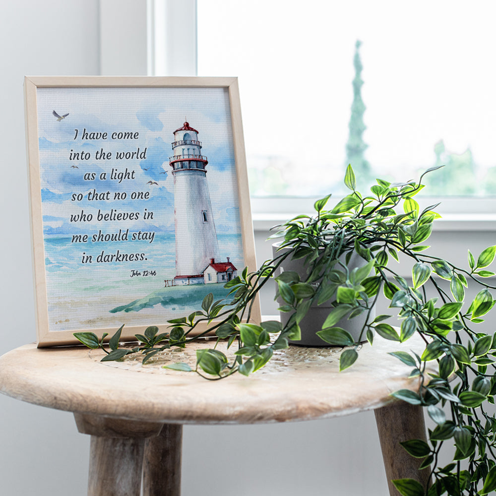 Nautical Seaside Lighthouse Christian Wall Art - Religious Scripture Bible Verse Gift - Ocean Home Decoration, Bathroom Wall Decor - Print for Beach House, Restroom, Living Room, Bedroom - Blue 8x10