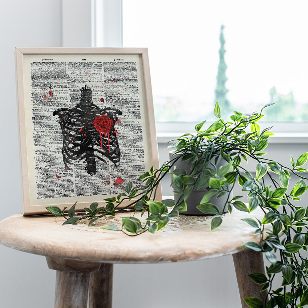 Goth, Gothic Anatomy Ribcage Wall Art Decor, Rose Dictionary Art - 8x10 Poster for Medical Clinic, Dr Office - Cool Unique Gift for Doctor, Med Student, Nurse, Physician Assistant, PA, Cardiologist