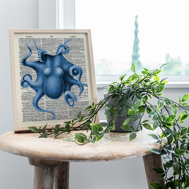 Blue Octopus Upcycled Dictionary Wall Art Print - 8x10 Vintage Unframed Photo - Perfect For Beach House Home Decor and Easy Gift Giving