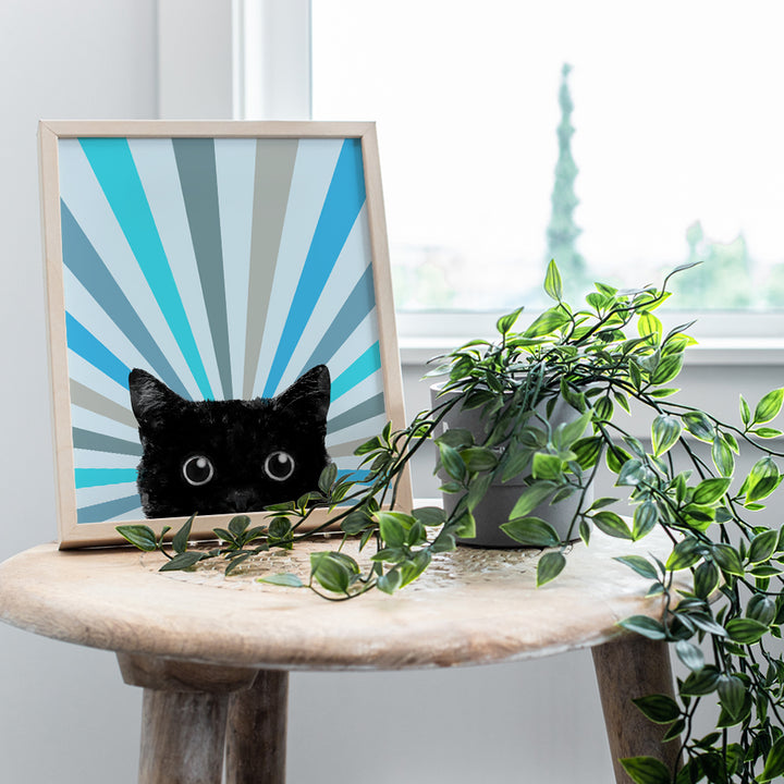 Cat Wall Decor Boho Wall Art - Blue Vintage Retro Boho-chic Minimalist Mid Century Room Decor - Farmhouse Boho Wall Decor - Chic Cute Black cat Poster, Cat Stuff, Cat Mom, Cat Themed Gifts for Women